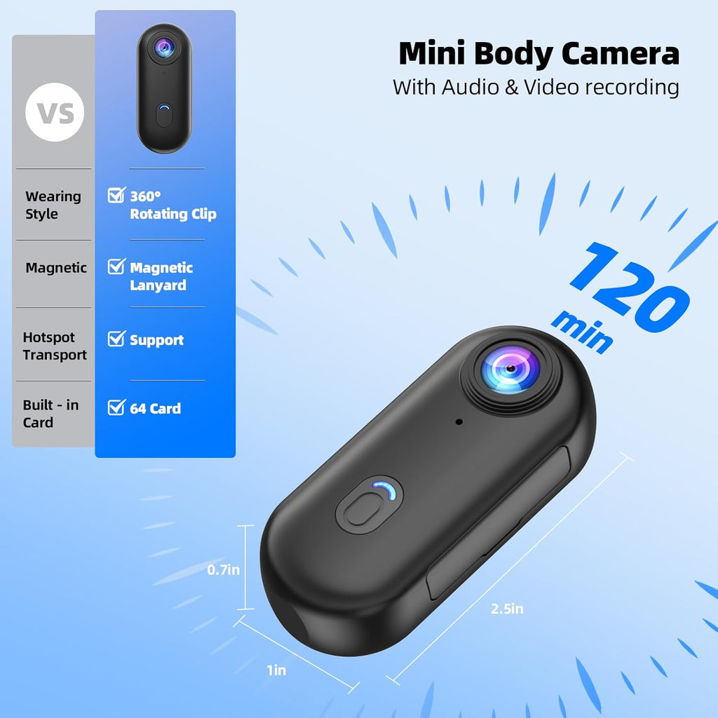 4K Mini Body Camera, Sports POV Cameras, Portable Body Cam, Thumb Action Camera, Waterproof Wearable Camera, Helmet Mounted Hands Free Recording for Cycling, Motorcycle, Vlogging (Black)