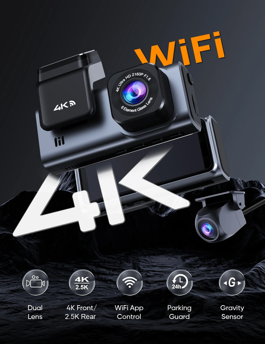 Dash Cam Front and Rear, 4K+2.5K 5G Wifi & WDR Dash Camera for Car with 64GB Card Dashcam, G-Sensor, Super Night Vision, Loop Recording, Parking Mode