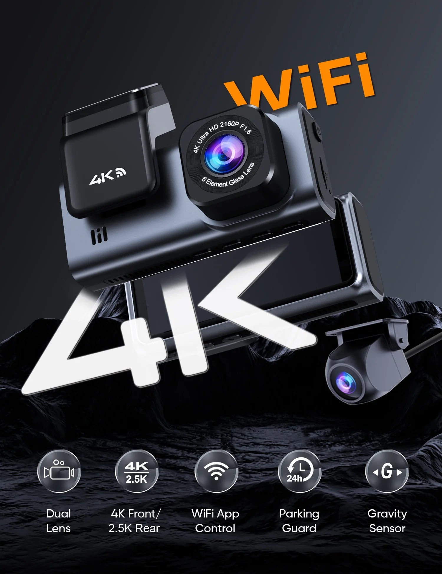 Dash Cam Front and Rear, 4K+2.5K 5G Wifi & WDR Dash Camera for Car with 64GB Card Dashcam, G-Sensor, Super Night Vision, Loop Recording, Parking Mode