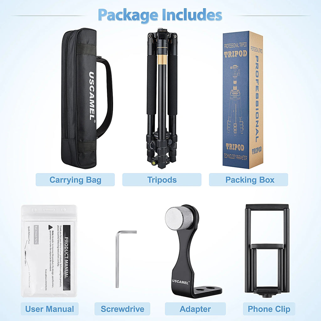 Camera Tripod, Pro Video Tripod for Camera DSLR Durable Adjustable 64" Monopod, Foldable Outdoor Shooting Tripod Travel Photography 360° Ball Head