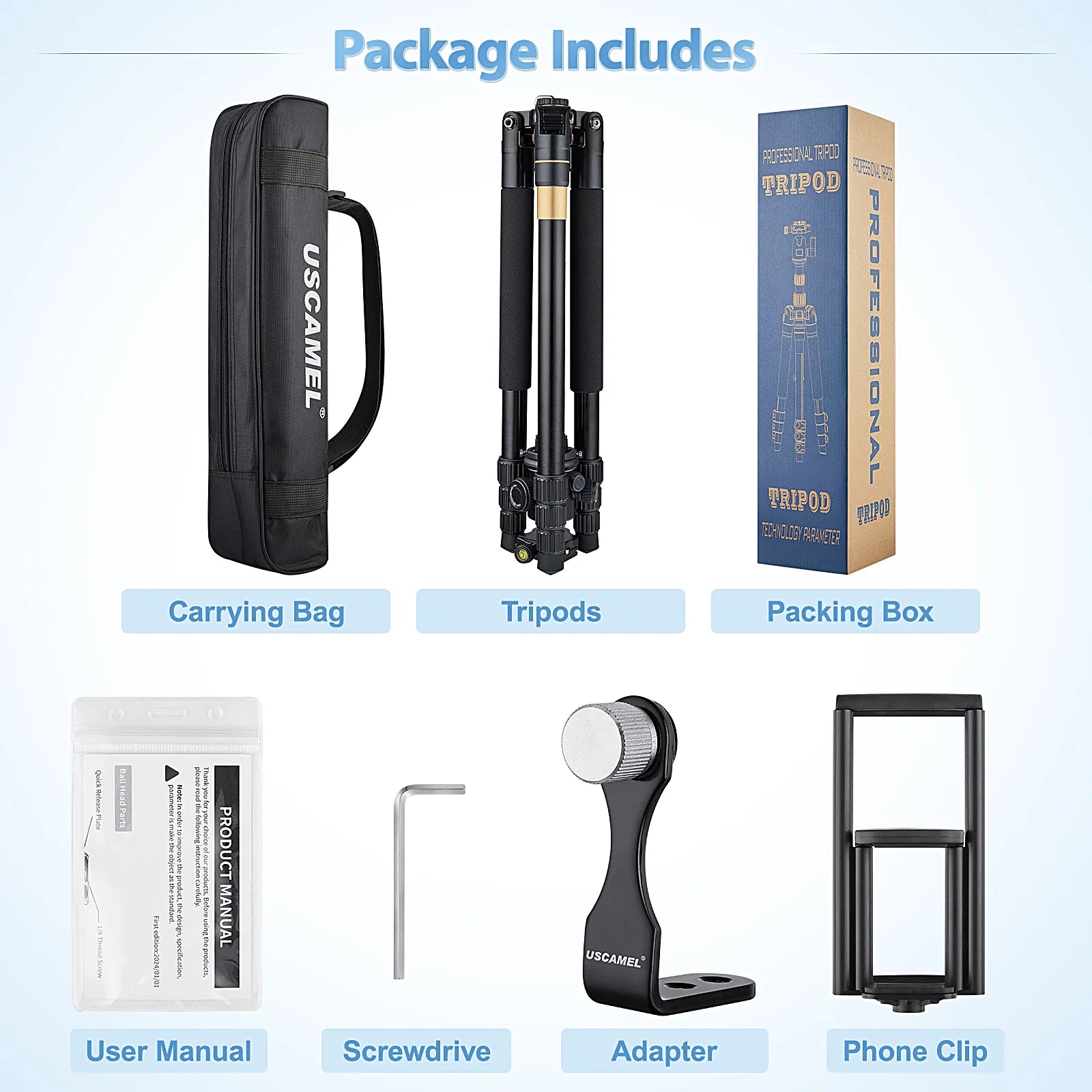 Camera Tripod, Pro Video Tripod for Camera DSLR Durable Adjustable 64" Monopod, Foldable Outdoor Shooting Tripod Travel Photography 360° Ball Head