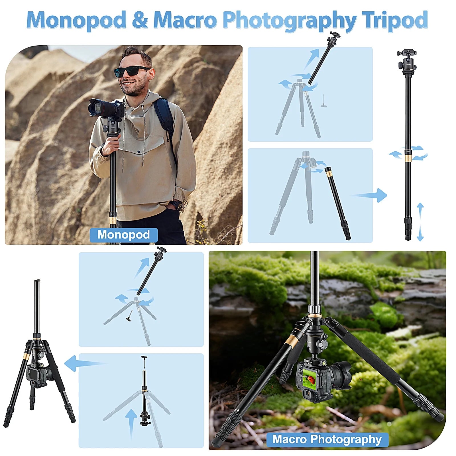 Camera Tripod, Pro Video Tripod for Camera DSLR Durable Adjustable 64" Monopod, Foldable Outdoor Shooting Tripod Travel Photography 360° Ball Head