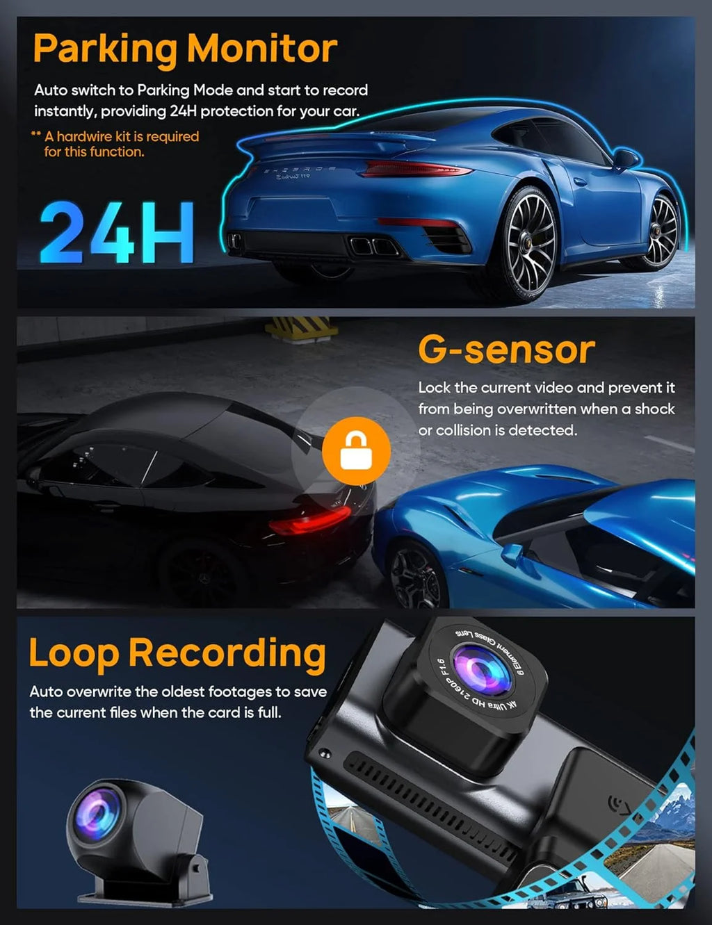 Dash Cam Front and Rear, 4K+2.5K 5G Wifi & WDR Dash Camera for Car with 64GB Card Dashcam, G-Sensor, Super Night Vision, Loop Recording, Parking Mode