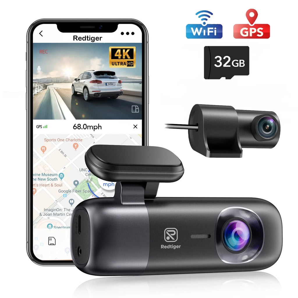 Dash Cam, 4K Front and 1080P Rear Car Dash Cam with Wifi & GPS, App Control, Night Vision, Free 32GB Card