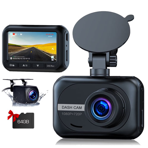 Dash Cam Front and Rear 1080P Full HD Car Camera,2.45 Inch Dash Camera with 64GB SD Card, Super Night Vision, Parking Mode, G-Sensor, Loop Recording, WDR