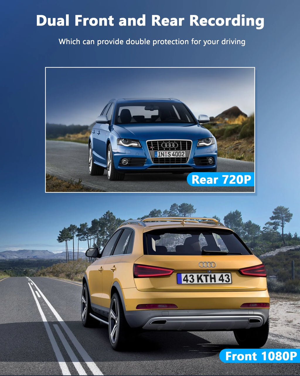 Dash Cam Front and Rear 1080P Full HD Car Camera,2.45 Inch Dash Camera with 64GB SD Card, Super Night Vision, Parking Mode, G-Sensor, Loop Recording, WDR