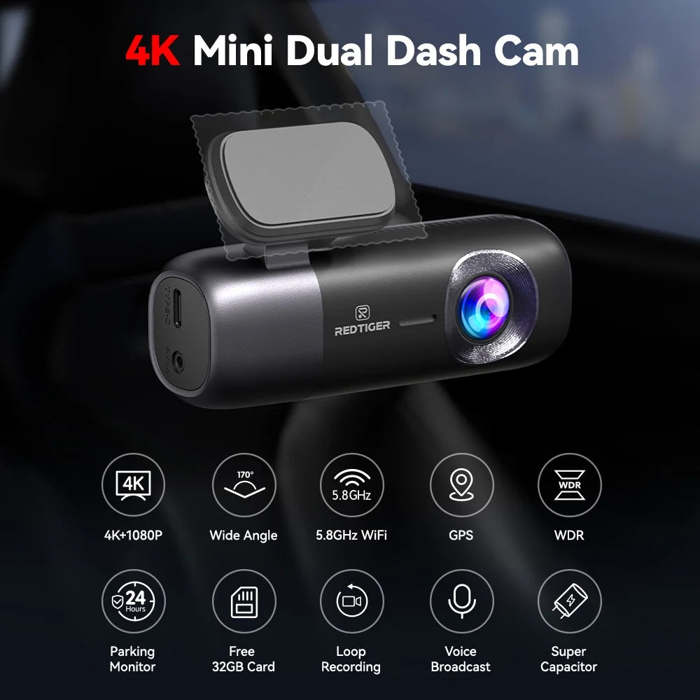 Dash Cam, 4K Front and 1080P Rear Car Dash Cam with Wifi & GPS, App Control, Night Vision, Free 32GB Card