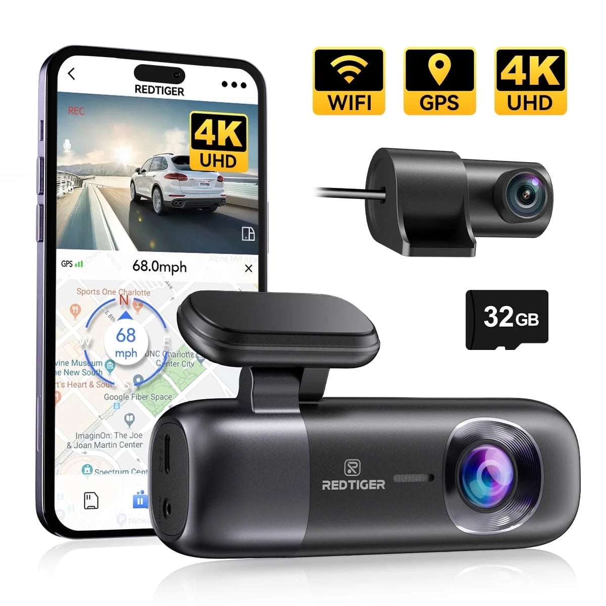 Dash Cam, 4K Front and 1080P Rear Car Dash Cam with Wifi & GPS, App Control, Night Vision, Free 32GB Card