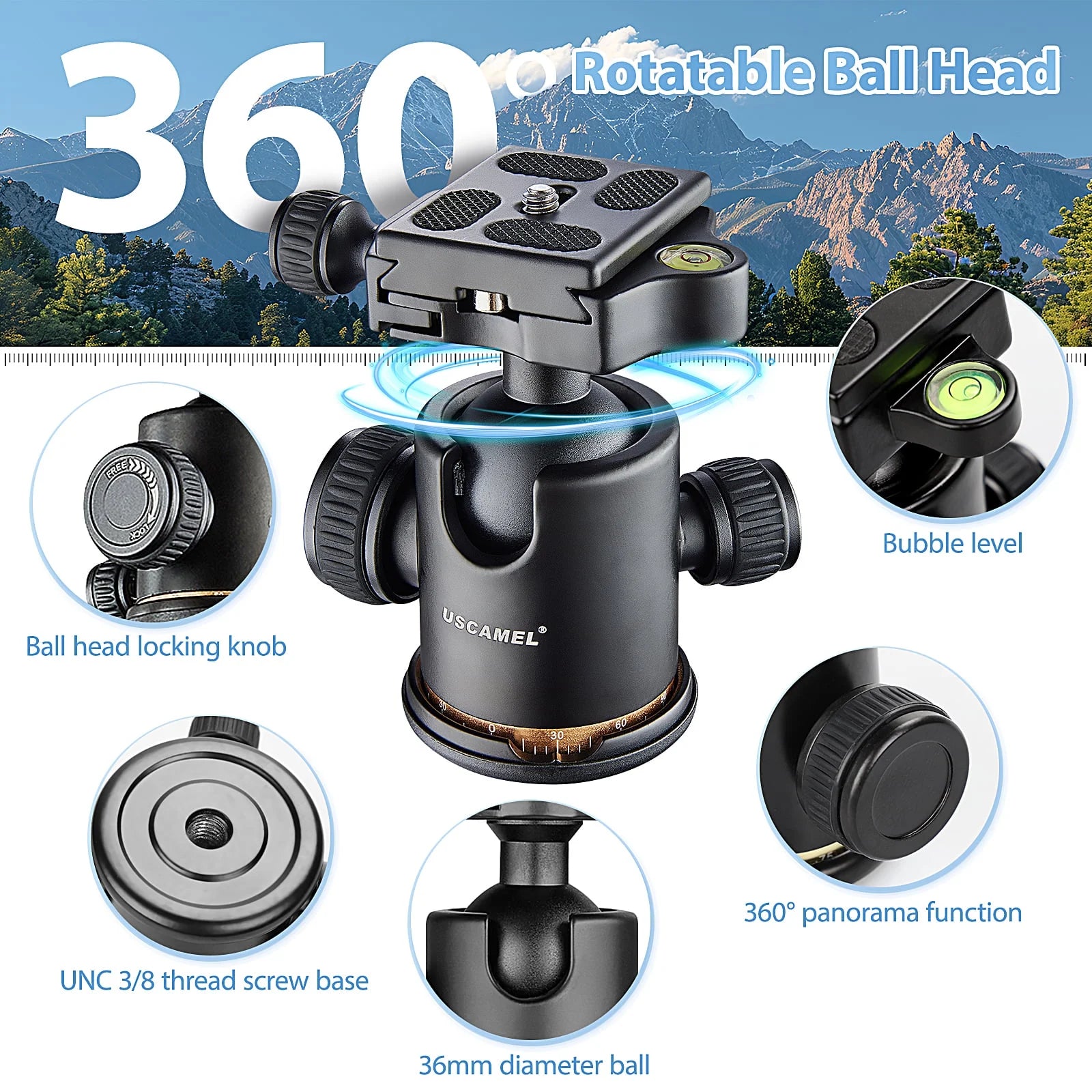 Camera Tripod, Pro Video Tripod for Camera DSLR Durable Adjustable 64" Monopod, Foldable Outdoor Shooting Tripod Travel Photography 360° Ball Head