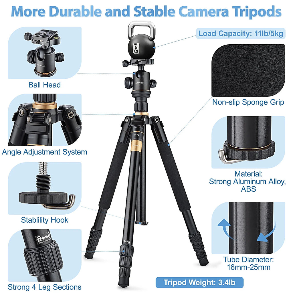 Camera Tripod, Pro Video Tripod for Camera DSLR Durable Adjustable 64" Monopod, Foldable Outdoor Shooting Tripod Travel Photography 360° Ball Head