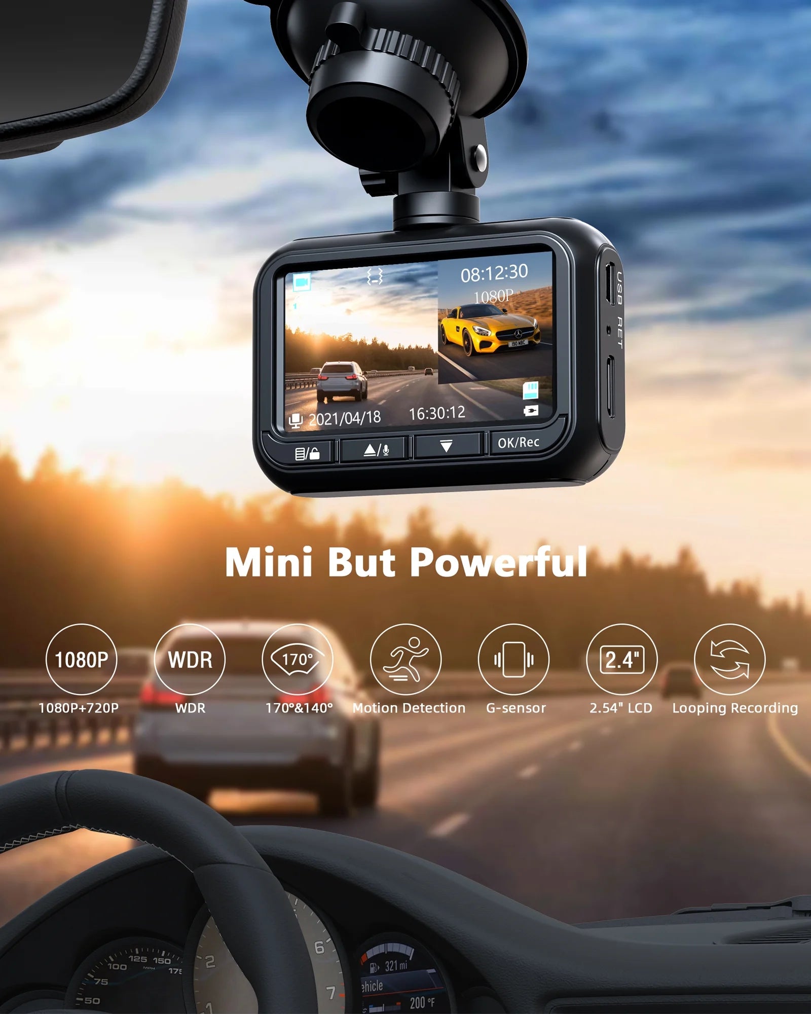 Dash Cam Front and Rear 1080P Full HD Car Camera,2.45 Inch Dash Camera with 64GB SD Card, Super Night Vision, Parking Mode, G-Sensor, Loop Recording, WDR