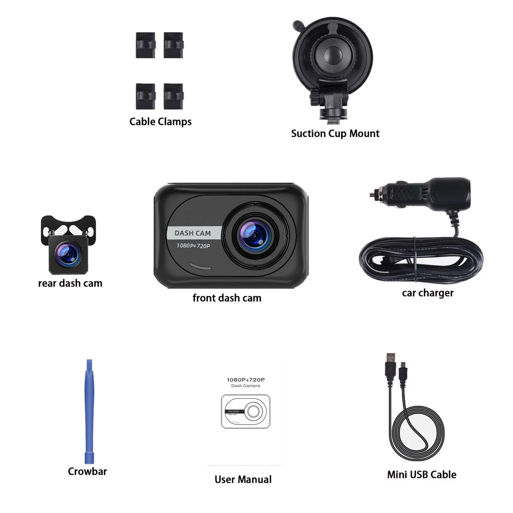 Dash Cam Front and Rear 1080P Full HD Car Camera,2.45 Inch Dash Camera with 64GB SD Card, Super Night Vision, Parking Mode, G-Sensor, Loop Recording, WDR