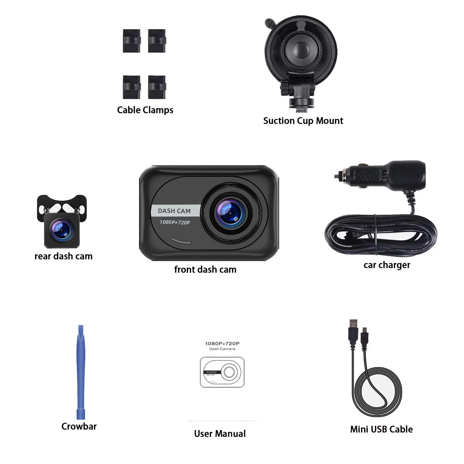 Dash Cam Front and Rear 1080P Full HD Car Camera,2.45 Inch Dash Camera with 64GB SD Card, Super Night Vision, Parking Mode, G-Sensor, Loop Recording, WDR