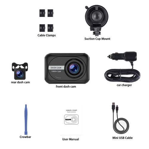 Dash Cam Front and Rear 1080P Full HD Car Camera,2.45 Inch Dash Camera with 64GB SD Card, Super Night Vision, Parking Mode, G-Sensor, Loop Recording, WDR