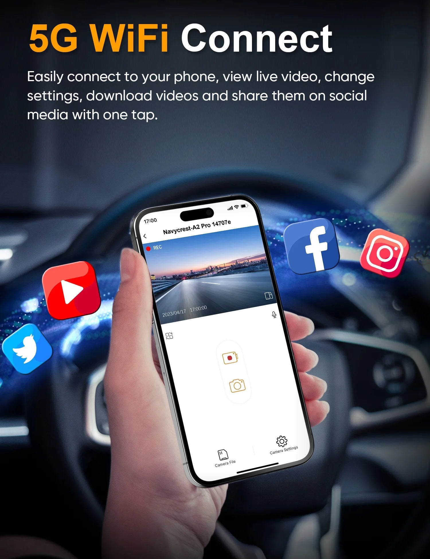 Dash Cam Front and Rear, 4K+2.5K 5G Wifi & WDR Dash Camera for Car with 64GB Card Dashcam, G-Sensor, Super Night Vision, Loop Recording, Parking Mode