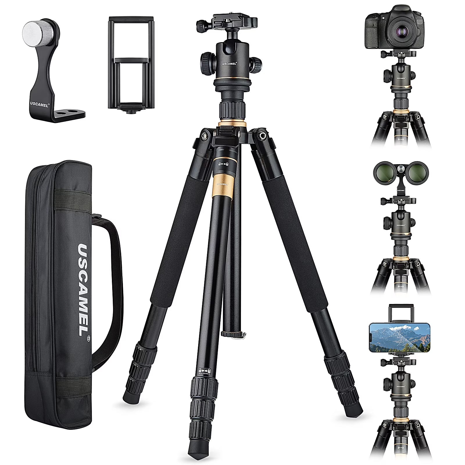 Camera Tripod, Pro Video Tripod for Camera DSLR Durable Adjustable 64" Monopod, Foldable Outdoor Shooting Tripod Travel Photography 360° Ball Head