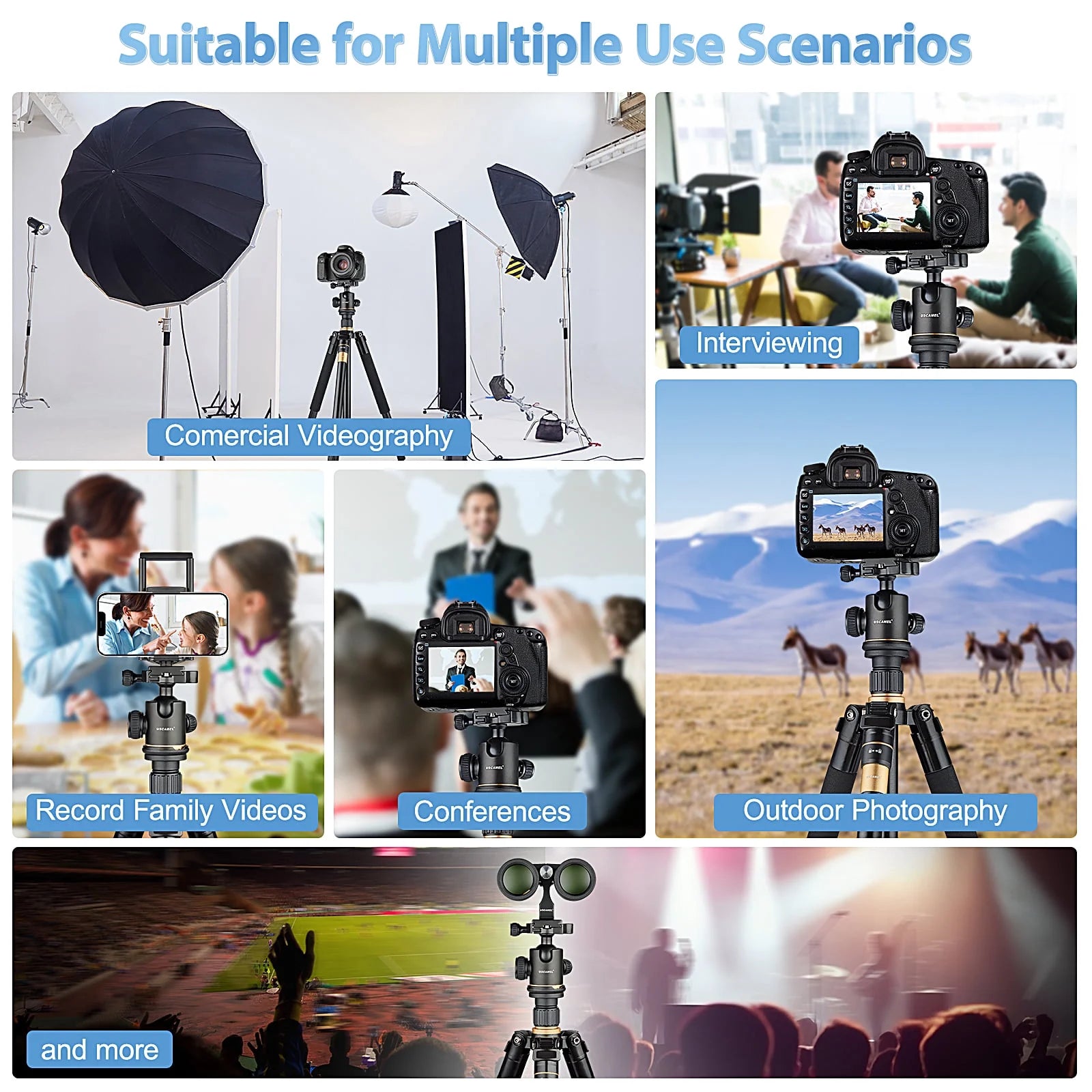 Camera Tripod, Pro Video Tripod for Camera DSLR Durable Adjustable 64" Monopod, Foldable Outdoor Shooting Tripod Travel Photography 360° Ball Head