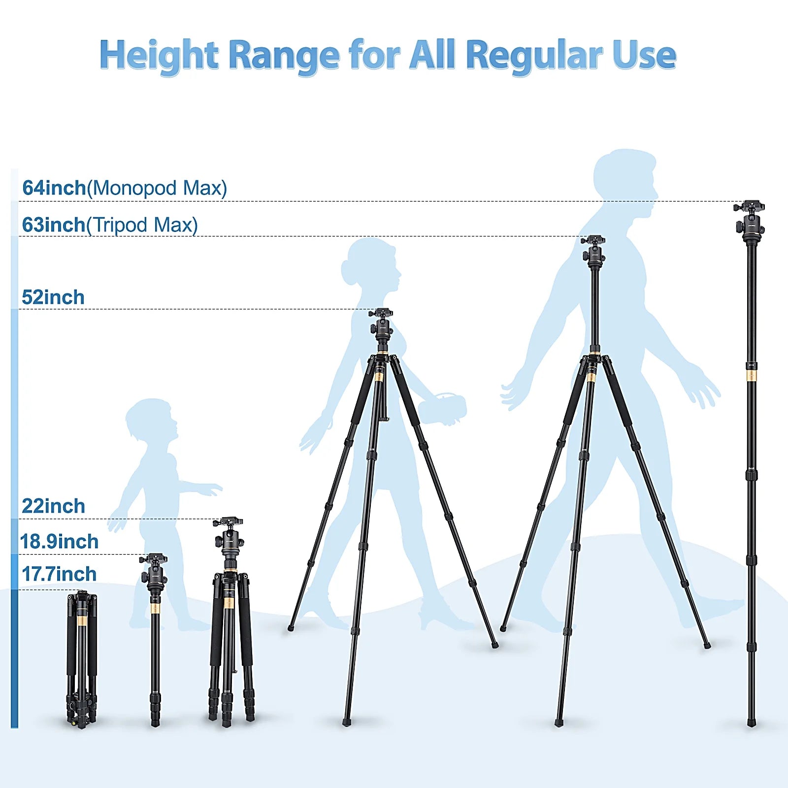 Camera Tripod, Pro Video Tripod for Camera DSLR Durable Adjustable 64" Monopod, Foldable Outdoor Shooting Tripod Travel Photography 360° Ball Head