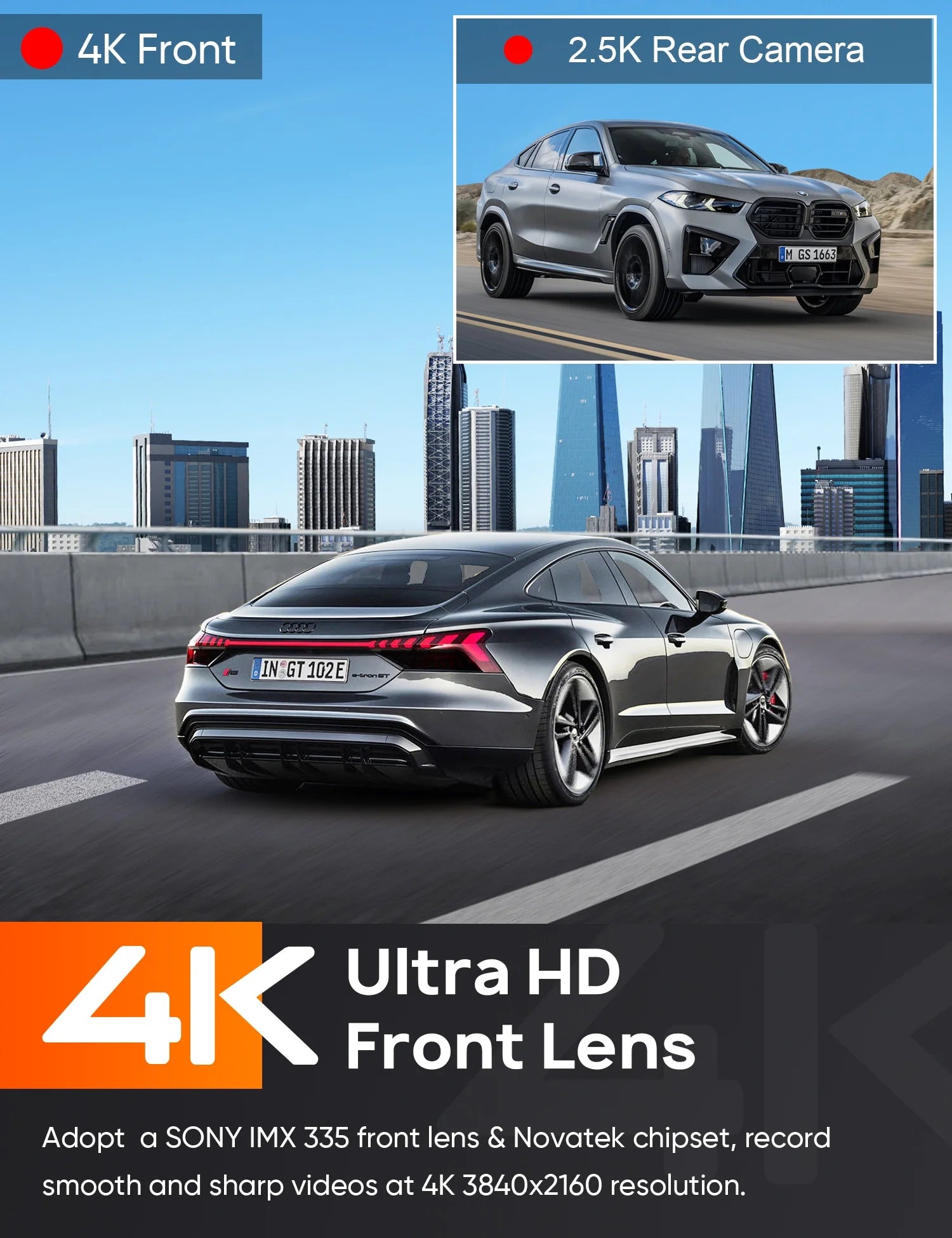 Dash Cam Front and Rear, 4K+2.5K 5G Wifi & WDR Dash Camera for Car with 64GB Card Dashcam, G-Sensor, Super Night Vision, Loop Recording, Parking Mode