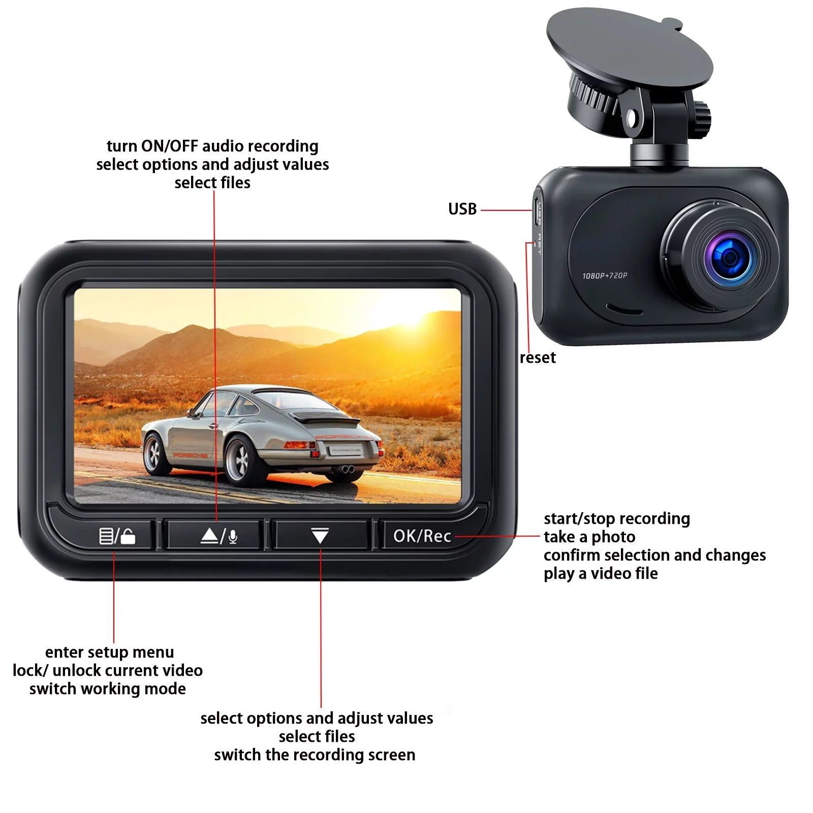Dash Cam Front and Rear 1080P Full HD Car Camera,2.45 Inch Dash Camera with 64GB SD Card, Super Night Vision, Parking Mode, G-Sensor, Loop Recording, WDR