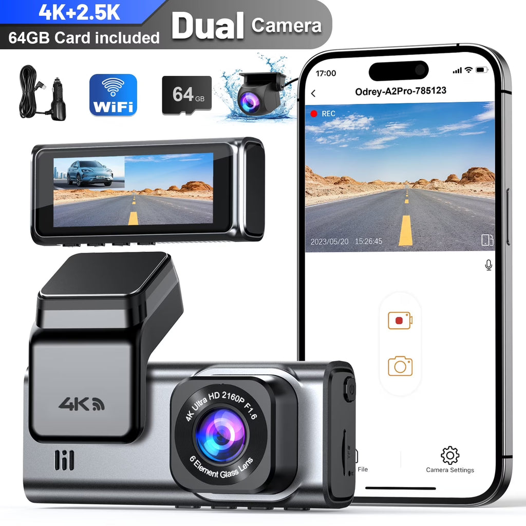 Dash Cam Front and Rear, 4K+2.5K 5G Wifi & WDR Dash Camera for Car with 64GB Card Dashcam, G-Sensor, Super Night Vision, Loop Recording, Parking Mode