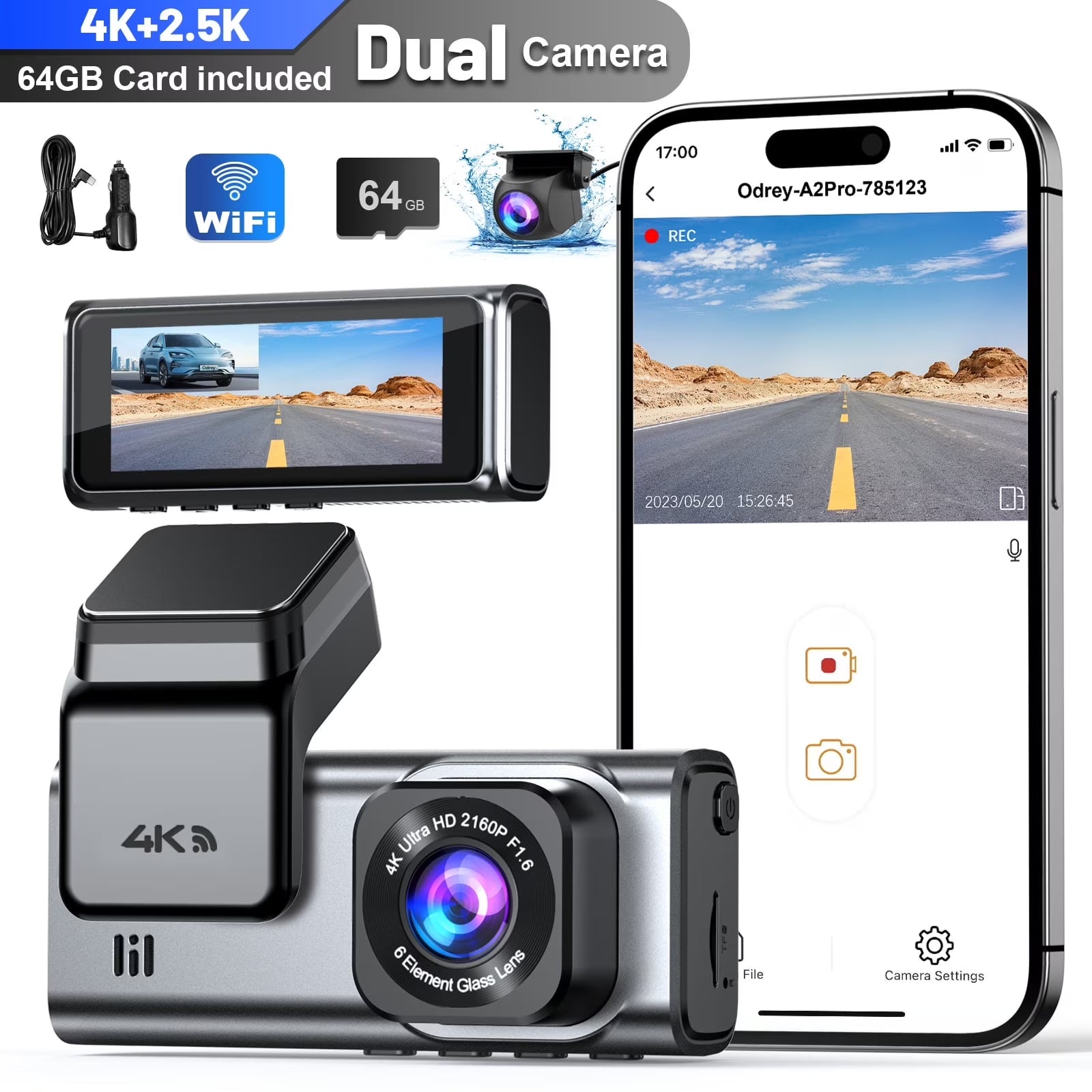 Dash Cam Front and Rear, 4K+2.5K 5G Wifi & WDR Dash Camera for Car with 64GB Card Dashcam, G-Sensor, Super Night Vision, Loop Recording, Parking Mode